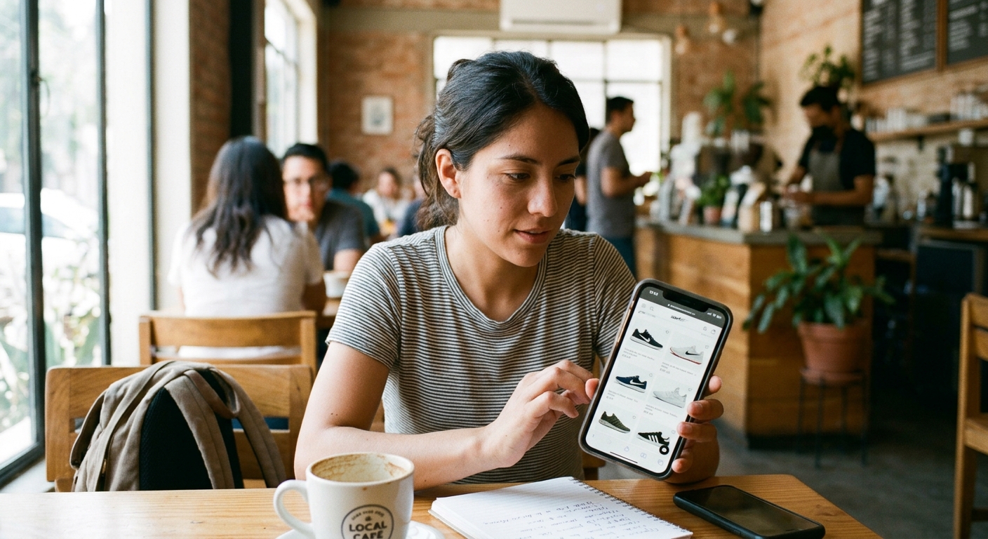 Usuaria navegando en su smartphone y visitando una tienda online sin realizar una compra, concepto de tráfico web para remarketing para PyMEs.